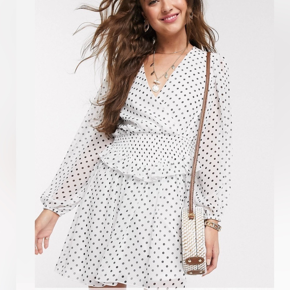 ASOS long sleeve white polka dot mini dress size 2